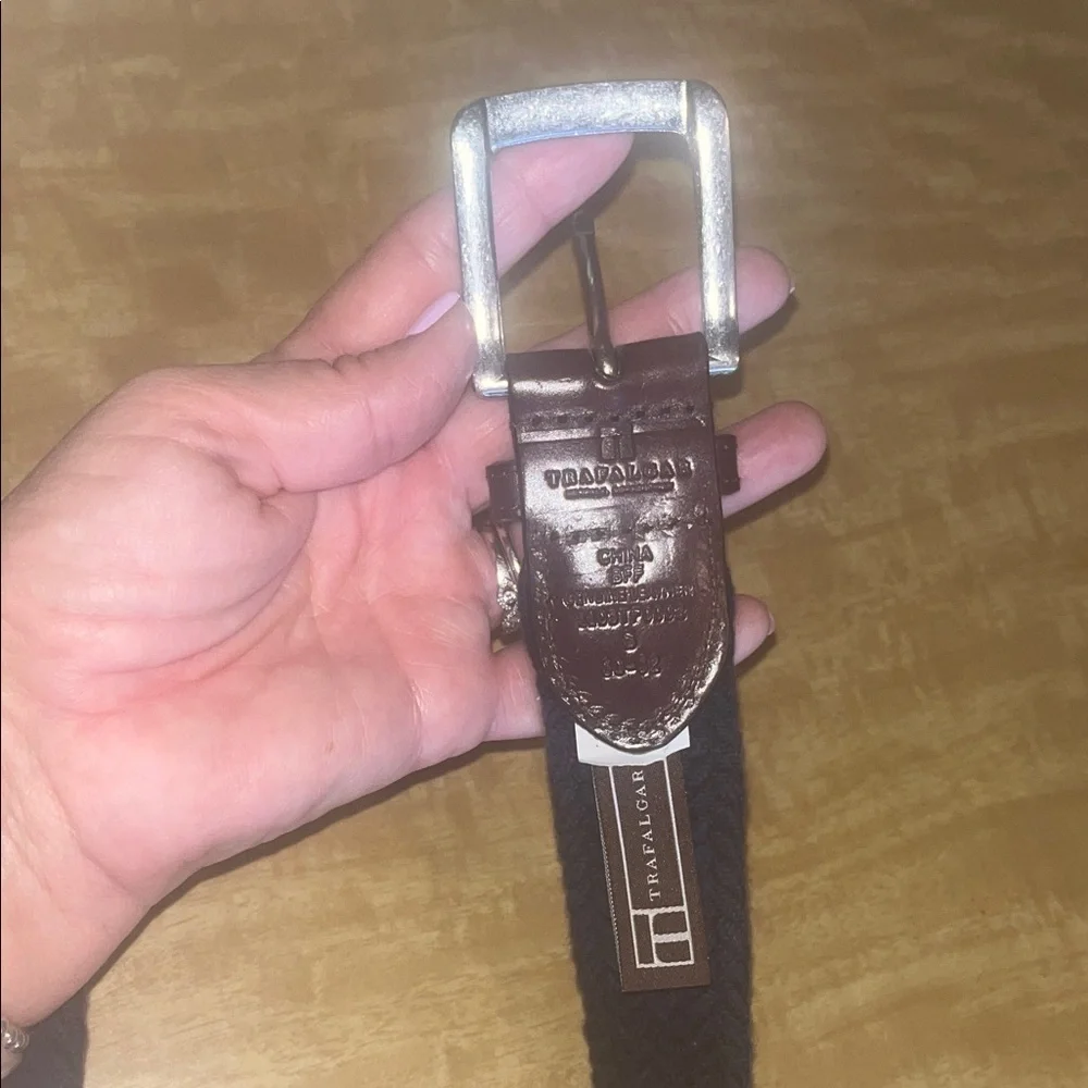 Trafalgar Dark Brown leather Deep Navy Braided Belt size 30-32